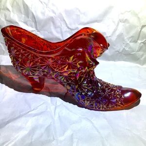 VTG Fenton Ruby Red Carnival Art Glass Shoe-Daisy Button PumaCat Slipper-Glows43